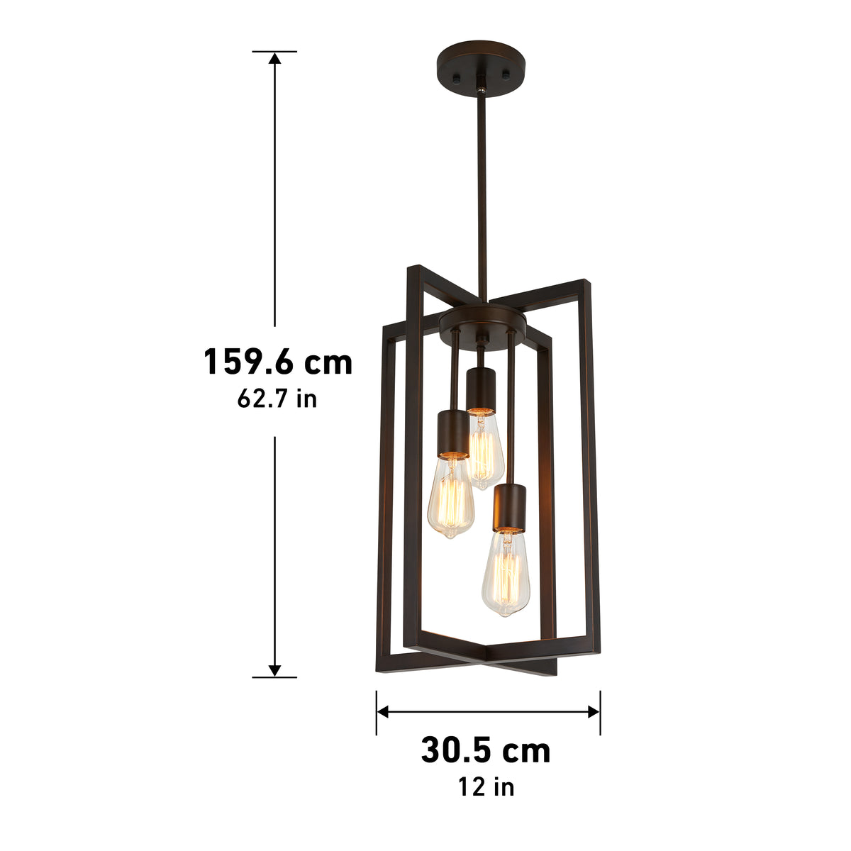 A bronze pendant light fixture with three exposed bulbs in a rectangular frame. Height is 159.6 cm (62.7 in), width is 30.5 cm (12 in). Fixture hangs from a round ceiling mount.