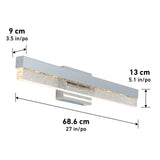A rectangular wall-mounted LED light fixture with sparkling details, shown with dimensions: 68.6 cm (27 in) wide, 13 cm (5.1 in) high, and 9 cm (3.5 in) deep.