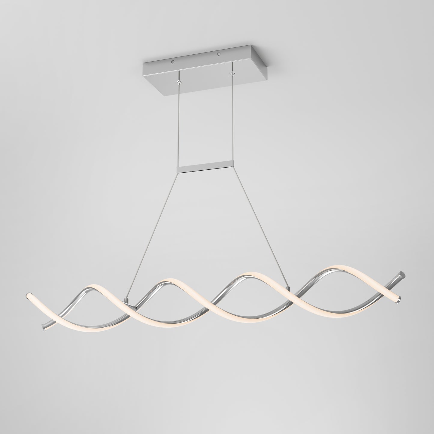 The Artika DNA Linear LED modern pendant light features two intertwined, wave-shaped LED tubes suspended from a rectangular metal ceiling mount, shown against a plain white background.