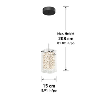 The Artika Crystal Cube 1-light LED pendant light features a crystal shade suspended from a round black ceiling mount. It has a maximum height of 208 cm (81.89 in) and a shade width of 15 cm (5.91 in).