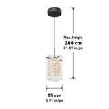 Pendant light with a cylindrical shade and crystal-like design; maximum adjustable height is 208 cm (81.89 inches), and width is 15 cm (5.91 inches). Ceiling mount and hanging cord are black.