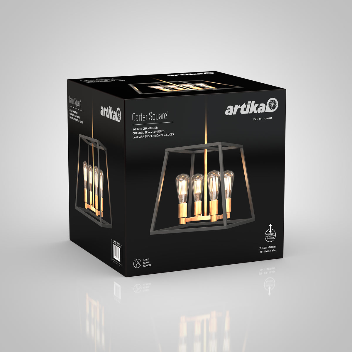 Black box packaging of an Artika Carter Square chandelier, featuring an image of the four-bulb light fixture with exposed filament bulbs, gold accents, and a geometric frame on the front.