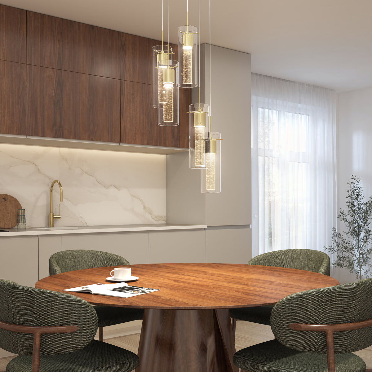 Modern dining area featuring a round wooden table, four green upholstered chairs, a cup and saucer, wood and marble cabinets, gold faucet, and the Artika Essence 5-light LED pendant illuminating overhead.