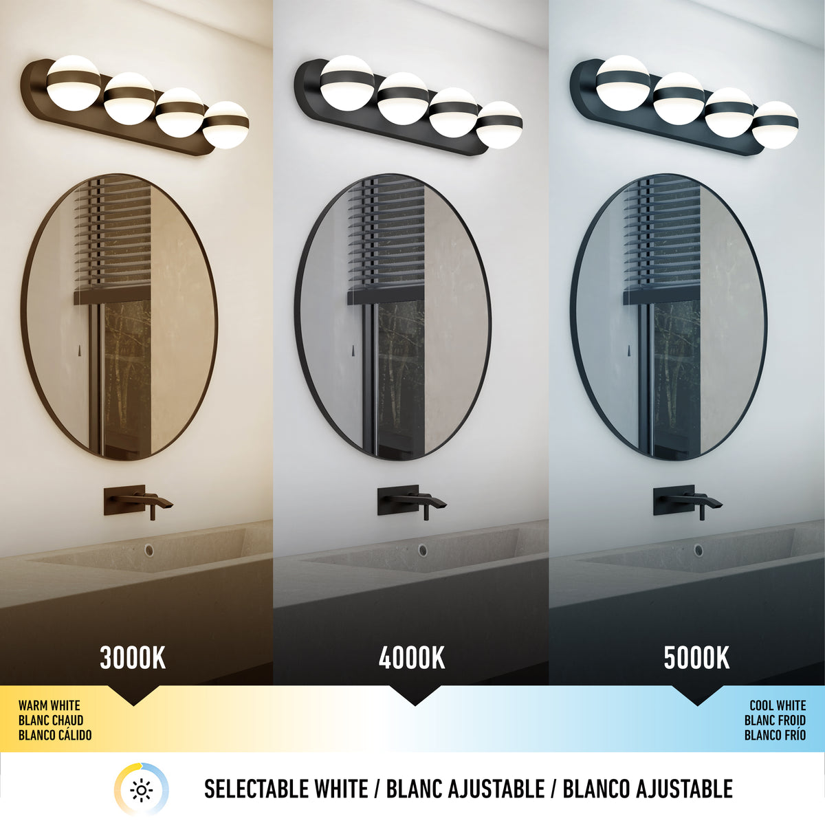 A bathroom mirror with a black frame is shown under three different light temperatures: warm white (3000K), neutral white (4000K), and cool white (5000K), each altering the rooms appearance.