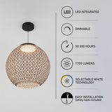 A spherical, woven pendant light hangs from the ceiling with features listed: LED integrated, dimmable, 50,000-hour lifespan, 1700 lumens, selectable white technology, and easy installation with safety hook.