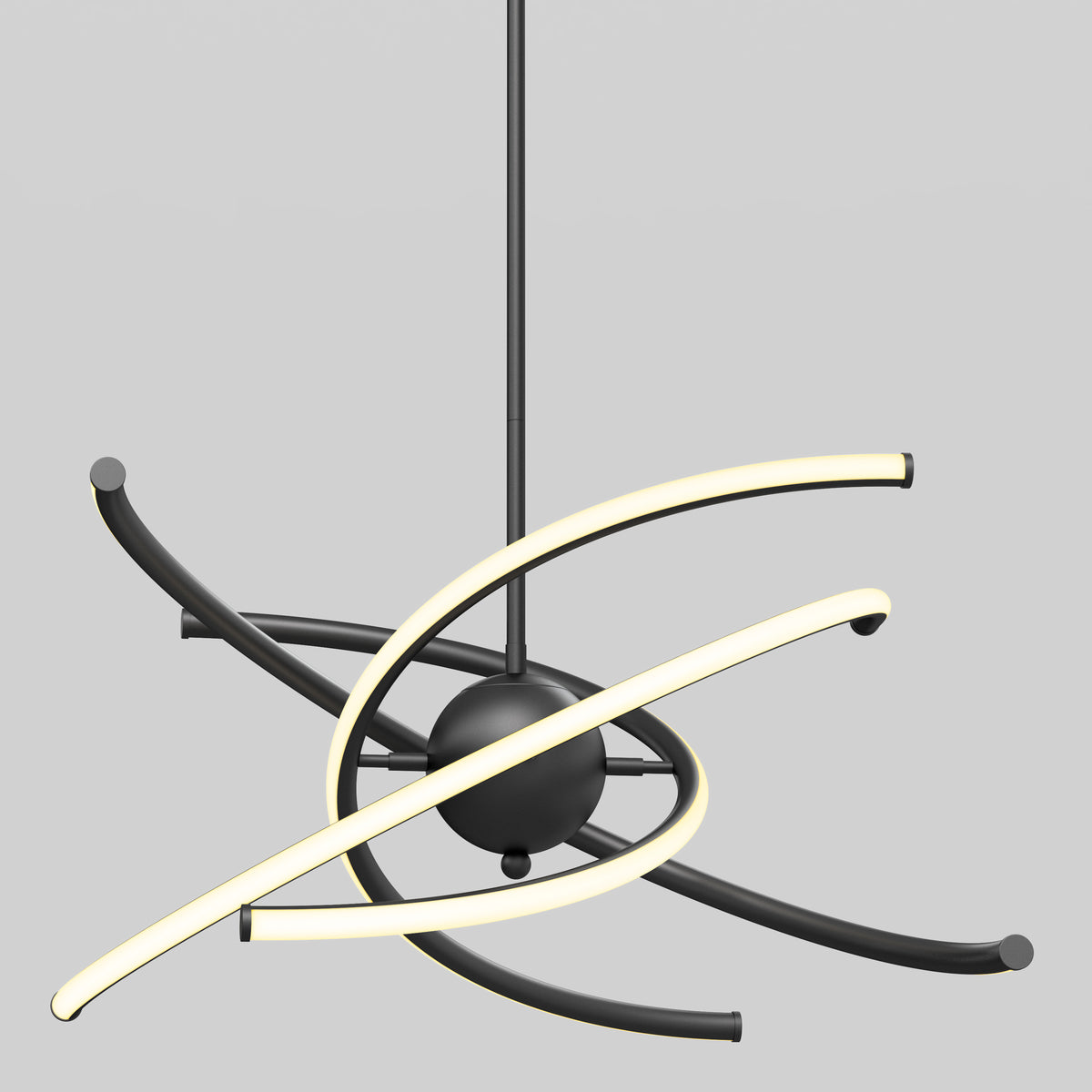 A modern ceiling light fixture with a black central sphere and curved LED light bars looping around it, resembling abstract orbital paths. The background is plain light gray.