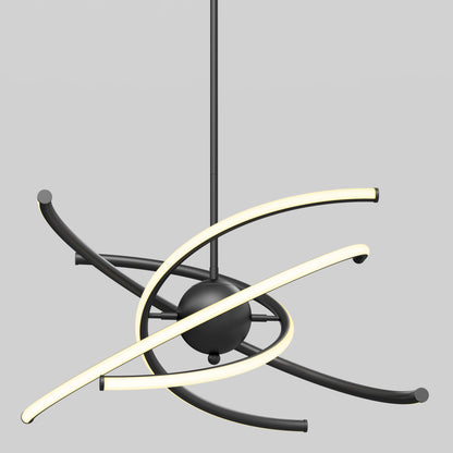 A modern ceiling light fixture with a black central sphere and curved LED light bars looping around it, resembling abstract orbital paths. The background is plain light gray.