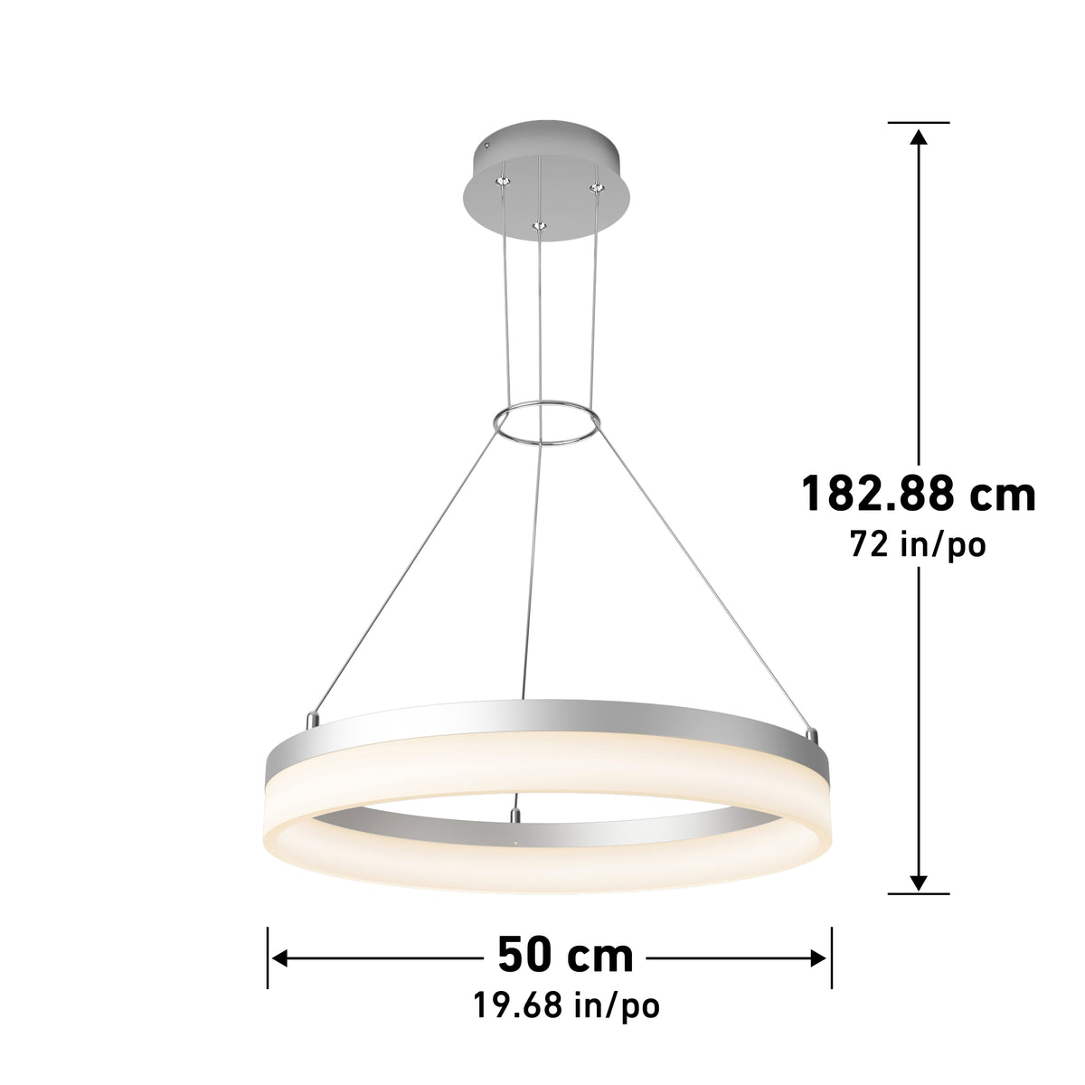 Modern circular pendant light with a white and silver finish, suspended by three cables from a round ceiling mount. The diameter is 50 cm (19.68 in) and the maximum hanging length is 182.88 cm (72 in).