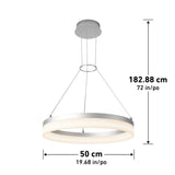 Modern circular pendant light with a white and silver finish, suspended by three cables from a round ceiling mount. The diameter is 50 cm (19.68 in) and the maximum hanging length is 182.88 cm (72 in).