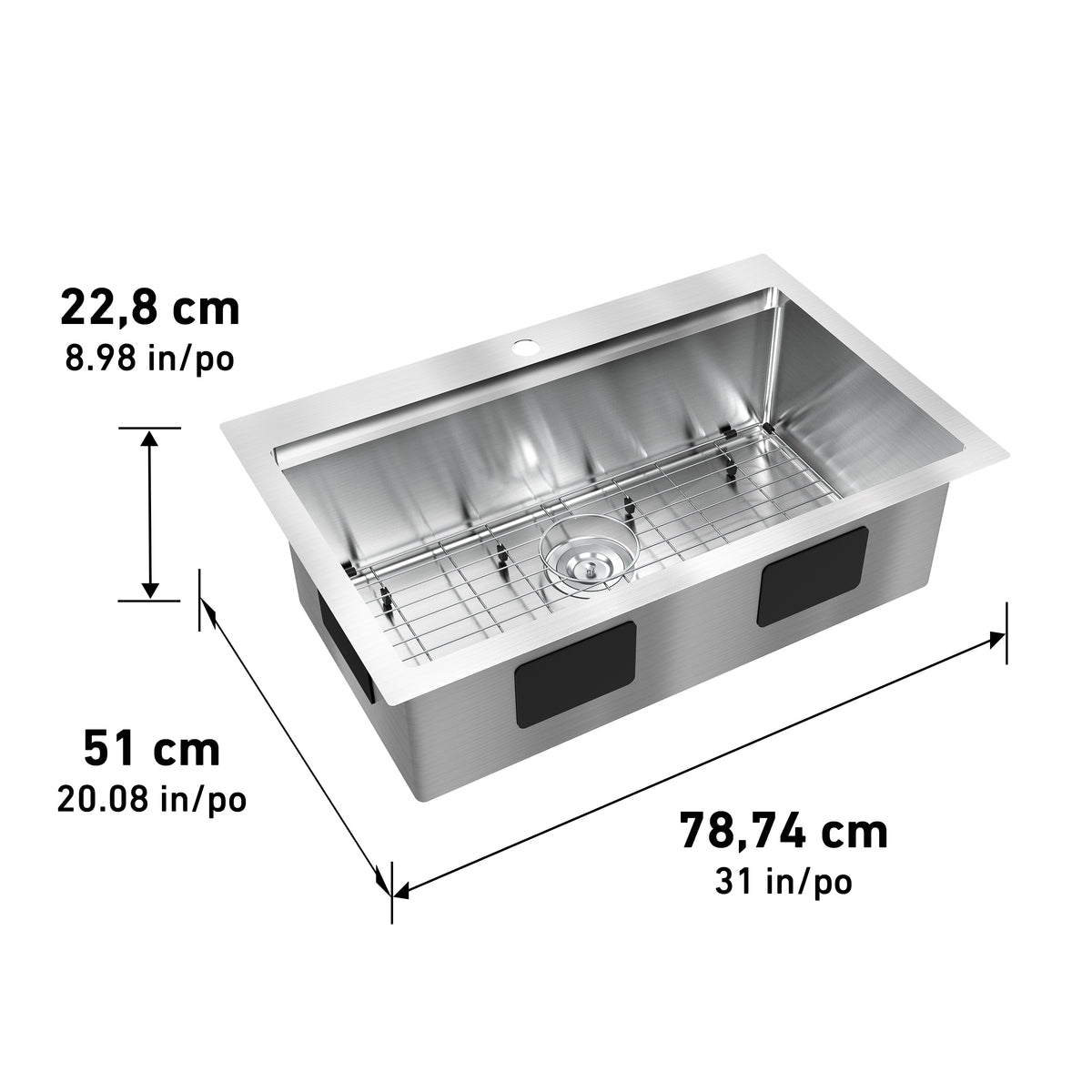 Stainless steel kitchen sink with dimensions: 22.8 cm (8.98 in) deep, 51 cm (20.08 in) wide, and 78.74 cm (31 in) long. The sink includes a grid insert and has a pre-drilled faucet hole.