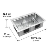 Stainless steel kitchen sink with dimensions: 22.8 cm (8.98 in) deep, 51 cm (20.08 in) wide, and 78.74 cm (31 in) long. The sink includes a grid insert and has a pre-drilled faucet hole.