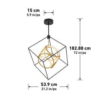 The Artika Oxion 1-light LED pendant features a modern black cube frame with a gold circular design, measuring 182.88 cm (72 in) tall and 53.9 cm (21.2 in) wide, with a 15 cm (5.9 in) ceiling mount.