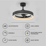 Black ceiling light fan with LED ring, shown above six icons highlighting features: LED integrated, dimmable, 50,000 hours lifespan, 2000 lumens, selectable white technology, and quiet motor.