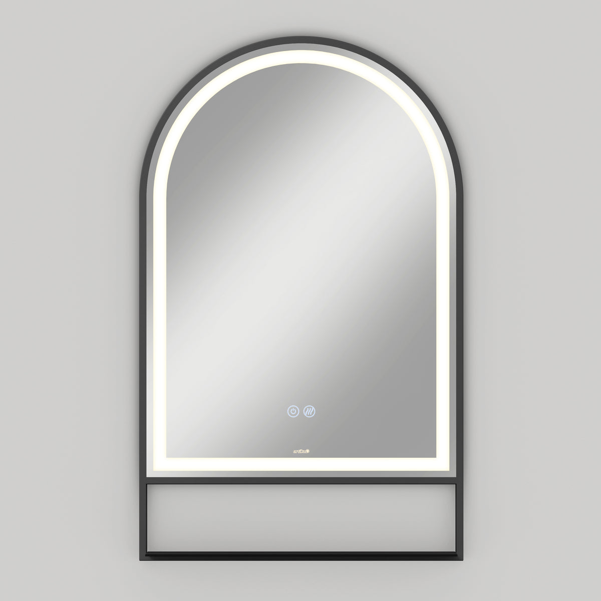 An arched, wall-mounted mirror with an illuminated LED border and a small open shelf at the bottom, set against a light gray background.