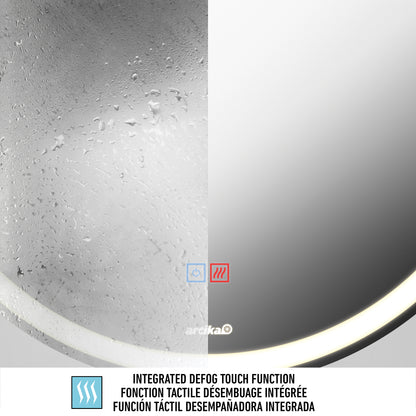 The Artika Mateo 28 in. LED mirror, featuring 3 CCT settings and a built-in defogger, is shown half fogged and half clear to display its defog touch function. Text appears below in English, French, and Spanish.