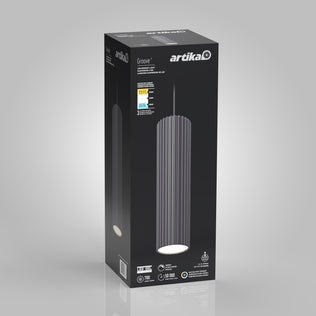A black product box for the Artika Groove LED modern pendant light 3 CCT displays an image of the cylindrical fixture, technical details, and Artika branding against a gray background.