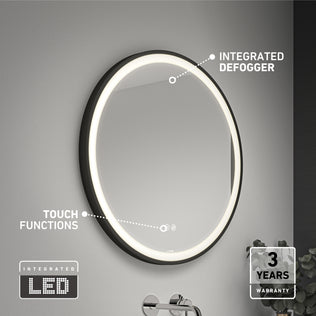 Artika Mateo 28 in. LED mirror, 3 CCT, defogger, touch controls, 3-year warranty. Sink faucet beneath.