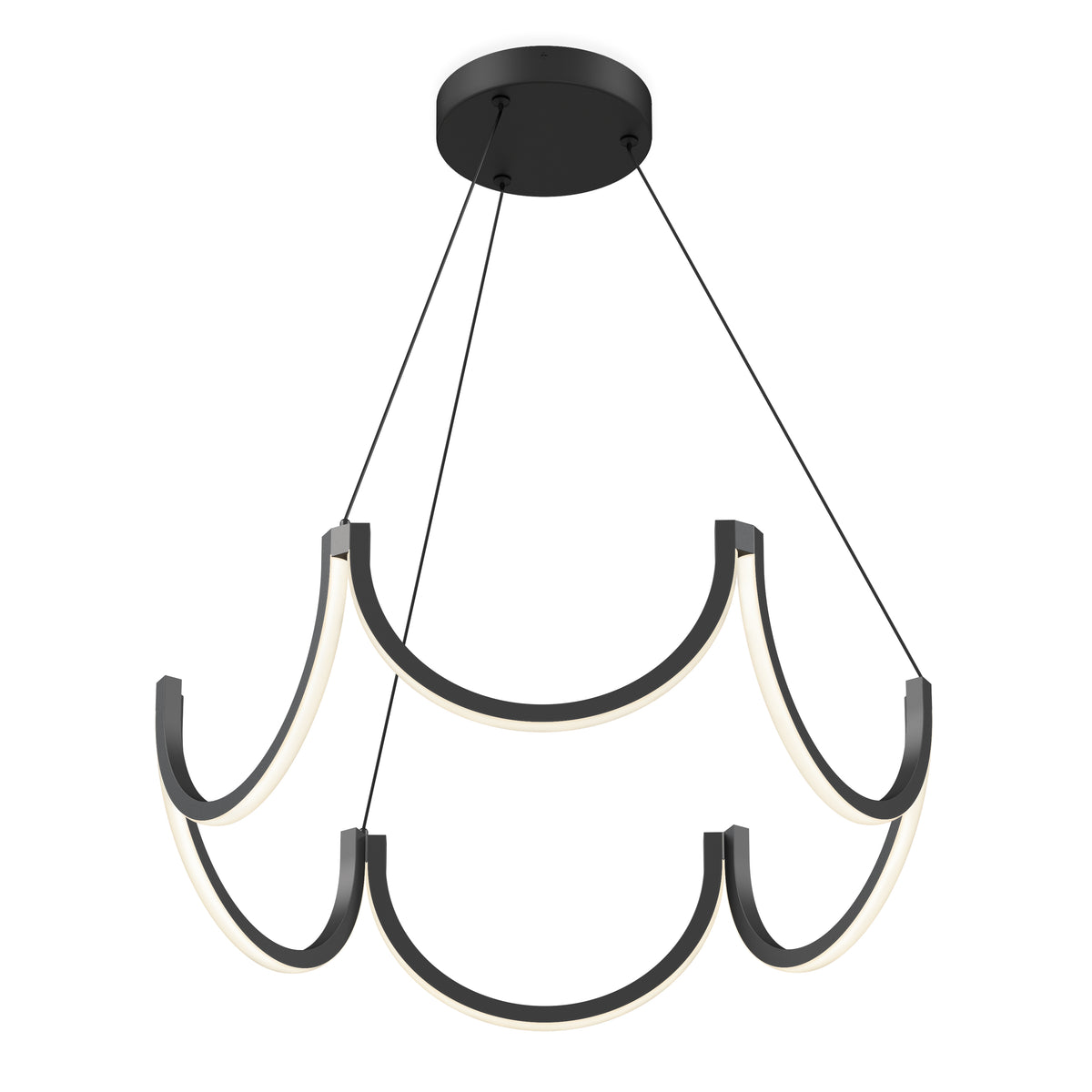 The Artika Adelia LED pendant light 5 CCT is a modern black fixture with two tiers of curved LED bars, suspended by cables from a round ceiling mount.