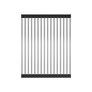 The Artika Newport twin bowl 33 in. stainless steel workstation sink features a rectangular design with parallel silver rods and black end pieces, shown vertically against a plain white background.