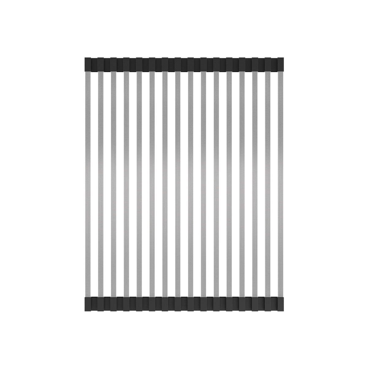 A top-down view of a rectangular rack with parallel, evenly spaced silver rods connected by black end pieces on both the top and bottom sides, set against a white background.