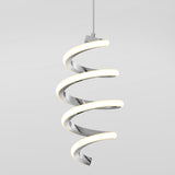 A modern pendant light with a spiral design, featuring a shiny metallic finish and integrated LED strip, hanging from a single cord against a plain white background.