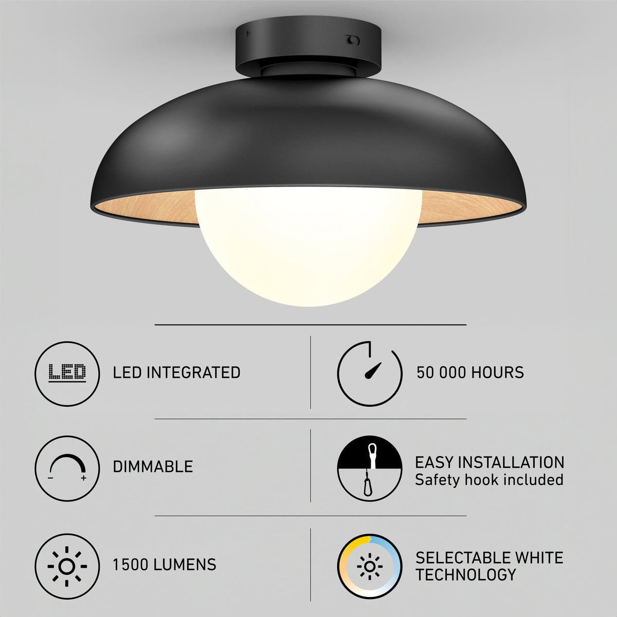 A modern black ceiling light fixture with a dome-shaped shade and glowing bulb. Icons highlight features: LED integrated, 50,000 hours lifespan, dimmable, easy installation, 1500 lumens, and selectable white technology.
