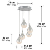A modern pendant light fixture with four teardrop-shaped lamps hanging from a circular ceiling mount. Dimensions are labeled: 30 cm across the mount, 176 cm height, lamp width 11.5 cm, and lamp height 20 cm.