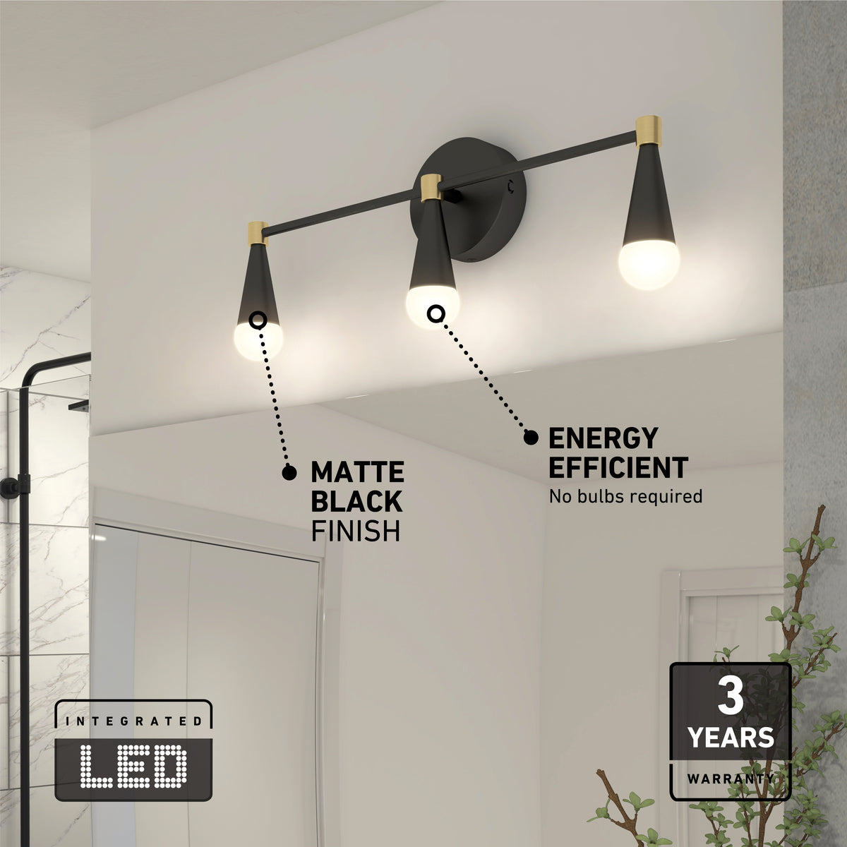 Modern matte black wall-mounted light fixture with two cone-shaped lamps, labeled as energy efficient with integrated LED and a 3-year warranty. The light is installed above a bathroom mirror.