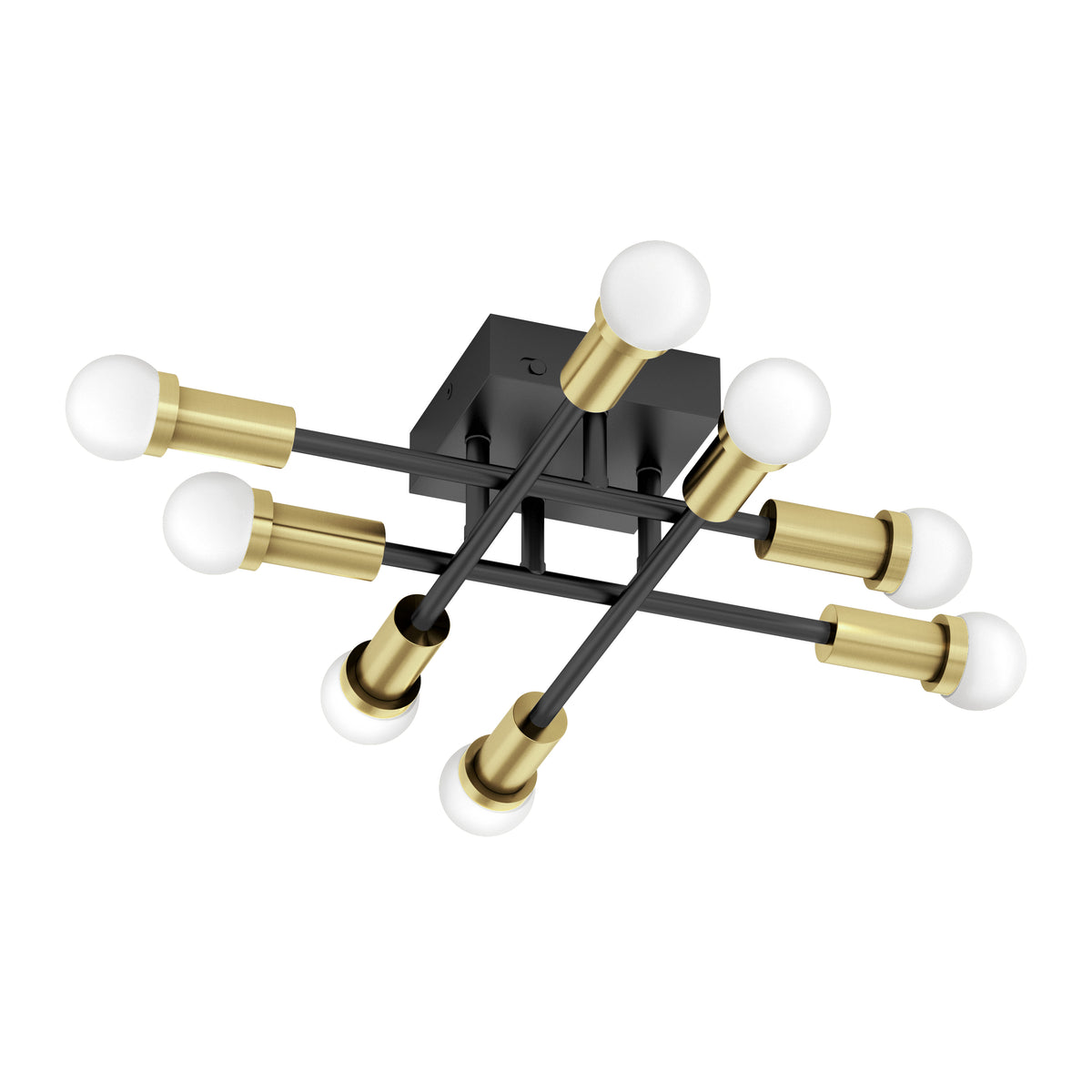 Modern ceiling light fixture with eight round white bulbs, set on intersecting black rods with gold cylindrical sockets, attached to a black rectangular ceiling mount.