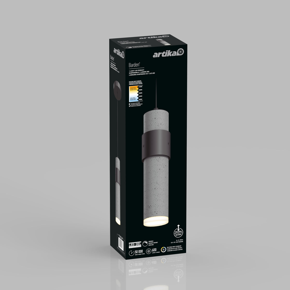A black product box displays the Artika Barden hanging pendant light with a modern cylindrical concrete and black design. Energy information and product details are visible on the packaging.
