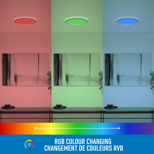 A living room shines with the Artika Macy 15 in. LED RGB Wifi ceiling light. Text reads: RGB Colour Changing.