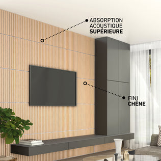 Modern living room with Artika Sonolok 15.5 ft sound-absorbing wall panel kit (4-pack), TV, and gray cabinets in an oak finish.