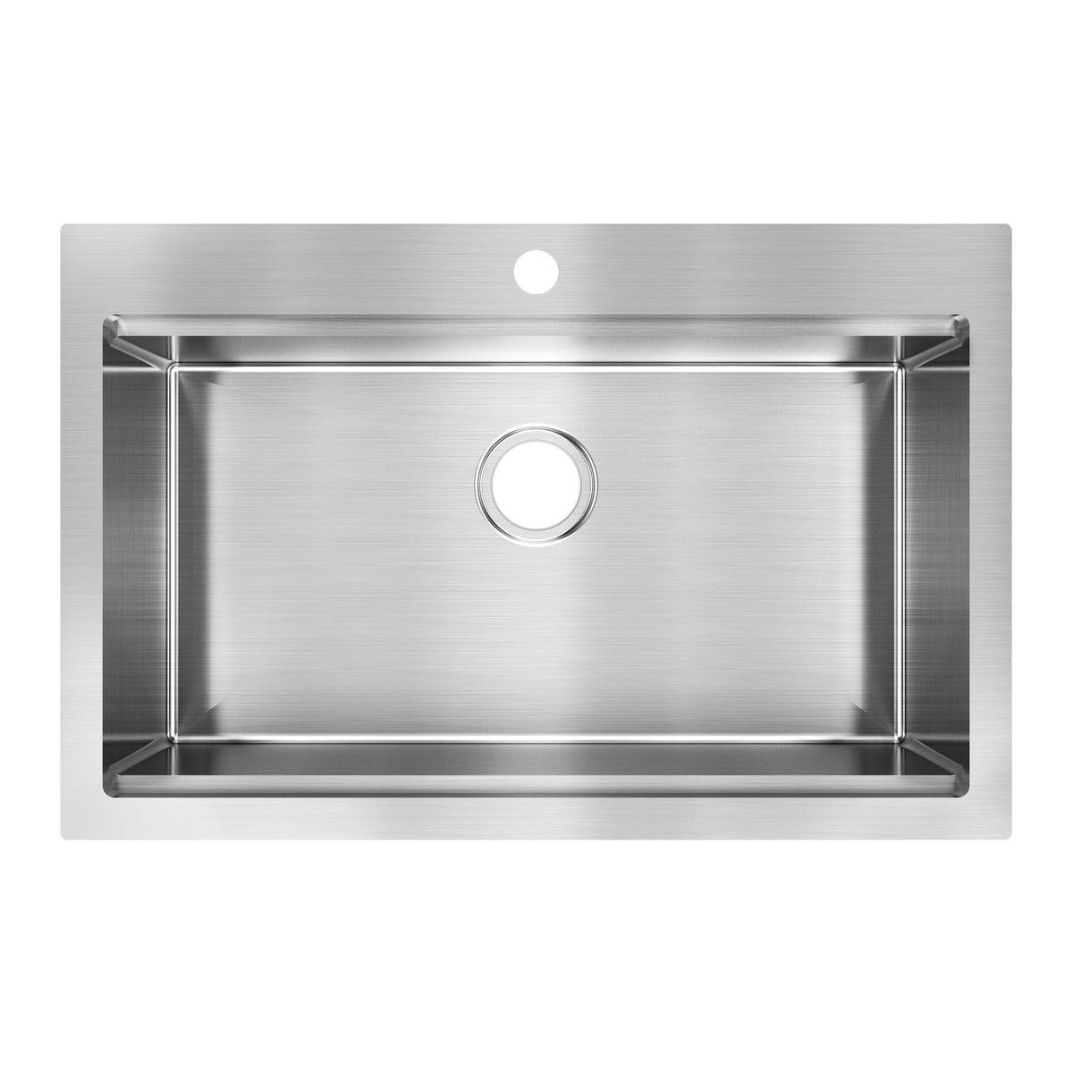 A top-down view of a rectangular stainless steel kitchen sink with a central drain hole and a single faucet hole at the back.