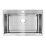 A top-down view of a rectangular stainless steel kitchen sink with a central drain hole and a single faucet hole at the back.