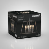 A black box with the brand name Artika, displaying a Carter Square chandelier with four exposed vintage bulbs in a rectangular metal frame. The product image is shown on two sides of the packaging.
