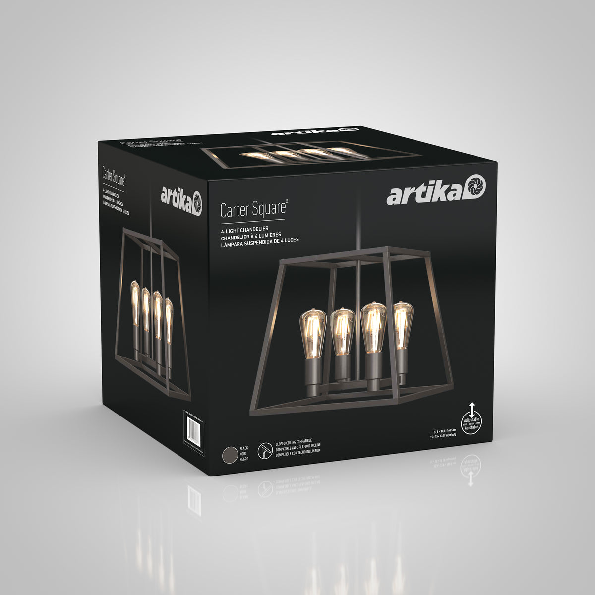 The Artika Carter Square 4-light Chandelier comes in black box packaging showcasing its modern, rectangular metal frame with four exposed bulbs. Product details and Artika branding are also displayed on the box.