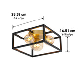 A modern ceiling light fixture with three exposed bulbs inside a black rectangular metal frame. Dimensions are labeled: 35.56 cm (14 in) wide and 16.51 cm (6.5 in) high.