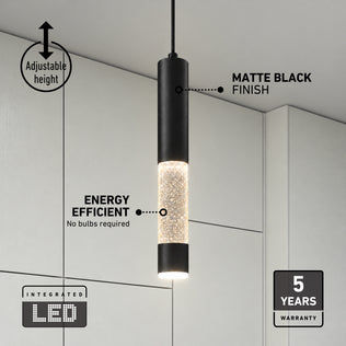 Artika Mist LED pendant light with a black top and bubbling diffusing base, featuring callouts for its adjustable height, finish, and light status.