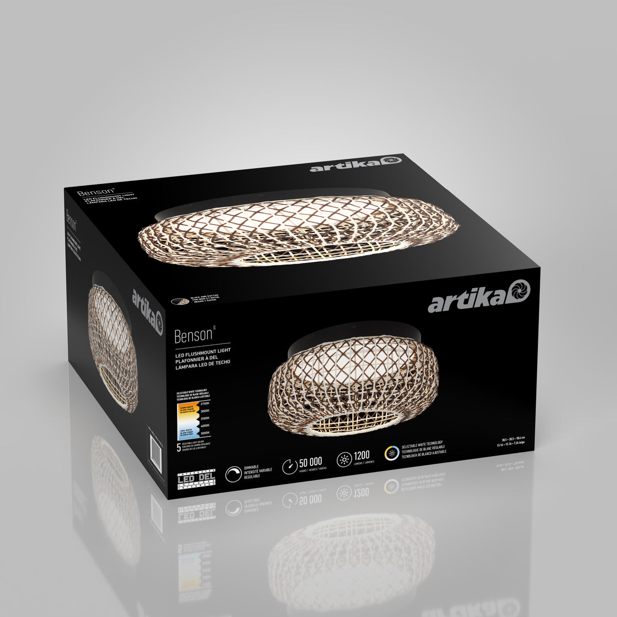 A black box featuring a Benson LED ceiling light by Artika, showing an image of the light with a woven, metallic design. The box displays product specs, energy ratings, and the brand logo on multiple sides.