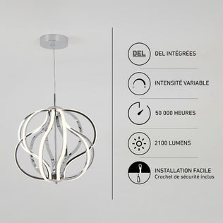 A spherical chrome Artika Meridian LED pendant light alongside icons for dimmability, 50,000-hour life, 2100 lumens, and easy installation.