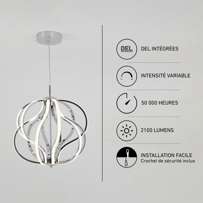 A spherical chrome Artika Meridian LED pendant light alongside icons for dimmability, 50,000-hour life, 2100 lumens, and easy installation.
