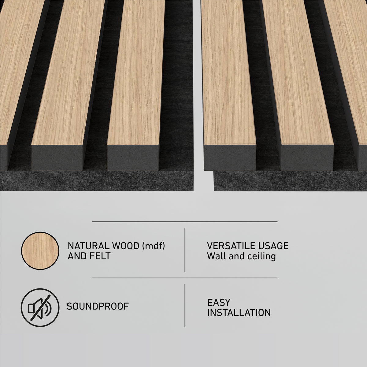Rectangular acoustic wood panels with black felt backing, shown close up. Icons and text highlight features: natural wood (MDF) and felt, soundproof, versatile usage for wall and ceiling, and easy installation.