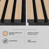 Rectangular acoustic wood panels with black felt backing, shown close up. Icons and text highlight features: natural wood (MDF) and felt, soundproof, versatile usage for wall and ceiling, and easy installation.