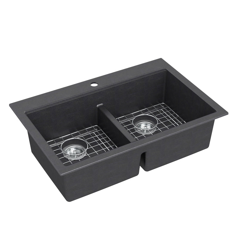 Artika Baycrest 33″ black double bowl kitchen sink with metal grids and single back faucet hole.