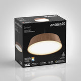 A black box featuring the Artika Dunham LED pendant light with a wood finish. The box displays the light fixture image, product details, and icons for features like 50,000-hour lifespan, 2000 lumens, and a 5-year warranty.