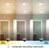 A bathroom is shown under three different ceiling light colors: warm white (3000K), neutral white (4000K), and cool white (5000K). Each section displays the changing wall and floor tones under each light.