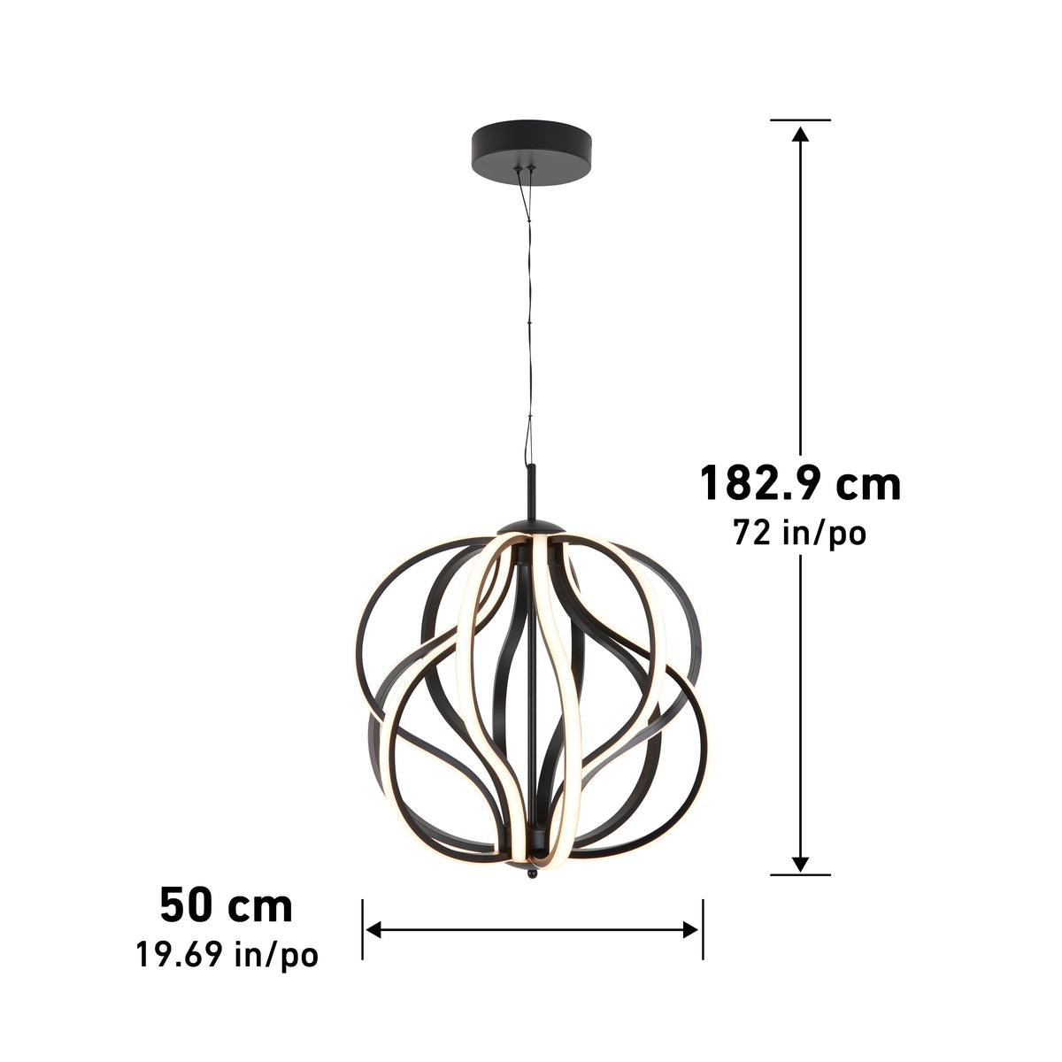 A modern black and gold pendant light fixture with curved, overlapping bands, hangs from a cord. Measurements shown are 50 cm (19.69 in) in width and 182.9 cm (72 in) in height.