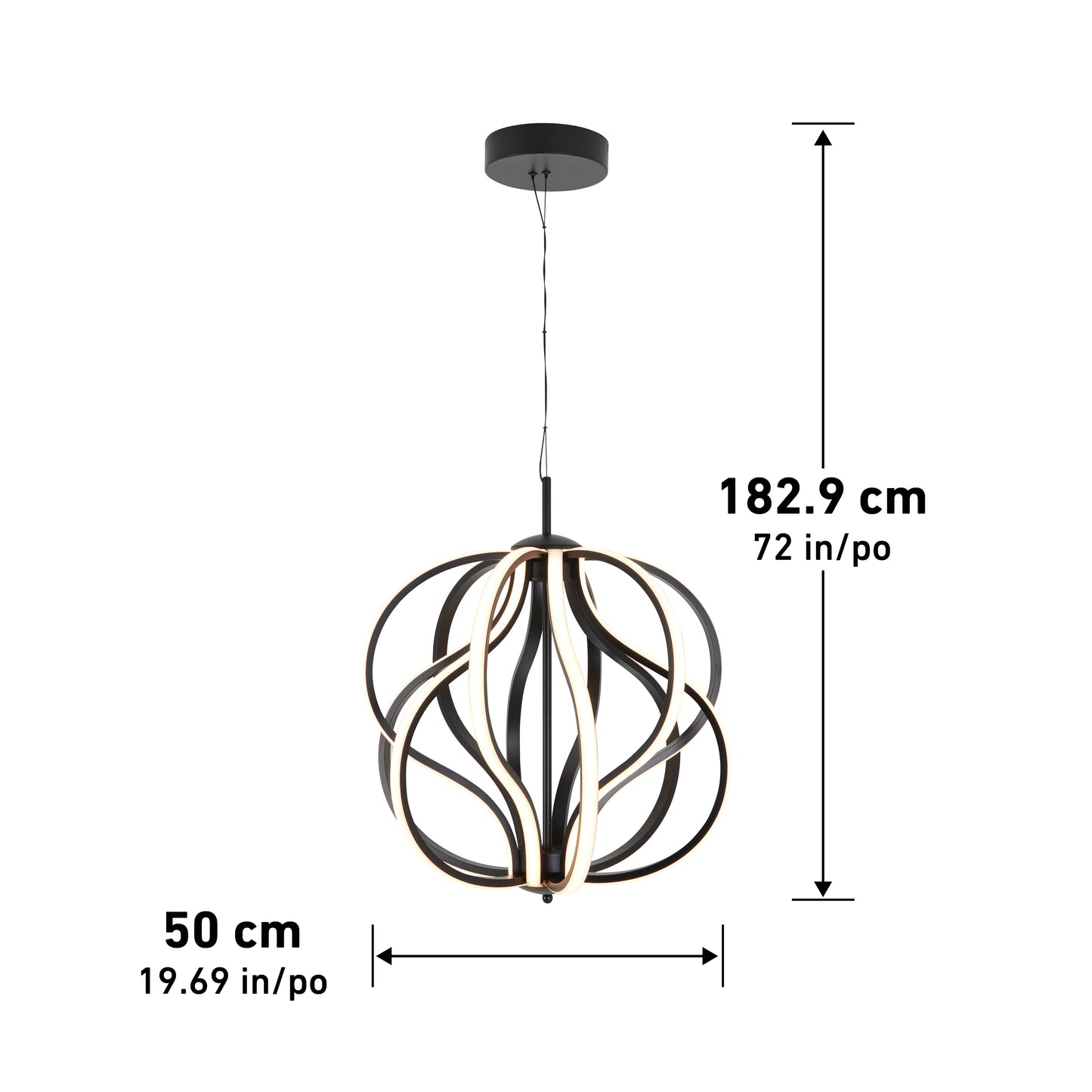 The Artika Meridian LED pendant light features intertwined black and gold curved bands, suspended from a ceiling mount. It measures 182.9 cm (72 in) tall and 50 cm (19.69 in) wide.