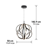 A modern black and gold pendant light fixture with curved, overlapping bands, hangs from a cord. Measurements shown are 50 cm (19.69 in) in width and 182.9 cm (72 in) in height.