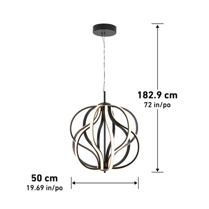 The Artika Meridian LED pendant light features intertwined black and gold curved bands, suspended from a ceiling mount. It measures 182.9 cm (72 in) tall and 50 cm (19.69 in) wide.